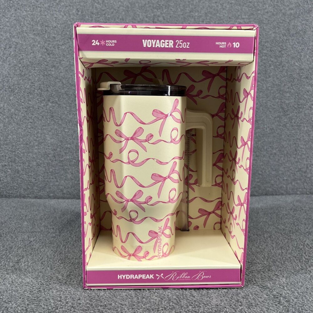 HYDRAPEAK Pink Bow 25 oz‎ Voyager Stainless Steel Tumbler COQUETTE Ribbon Bows